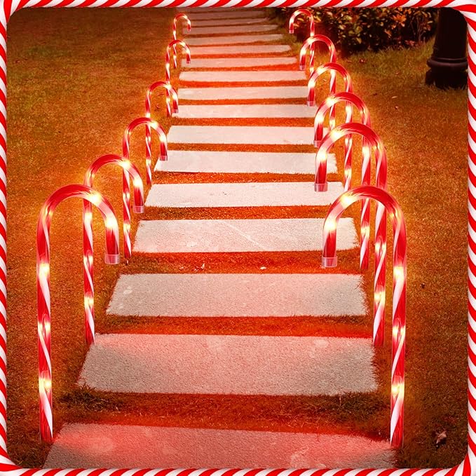 12Pack Christmas Decorations Candy Cane Lights,16" Lighted Pathway Makers Lights with 72 Warm Lights, Connectable Christmas Lights Outdoor Walkway Sidewalk Candy Canes Yard Lawn Decor