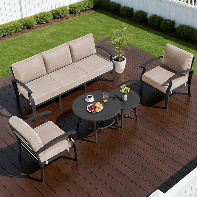 Aluminum Outdoor Patio Furniture Set,5 Seats Patio Conversation Sets with 2 Round Coffee Tables,Metal Patio Sectional Furniture Set with 5.1" Thickened Cushions,Sand