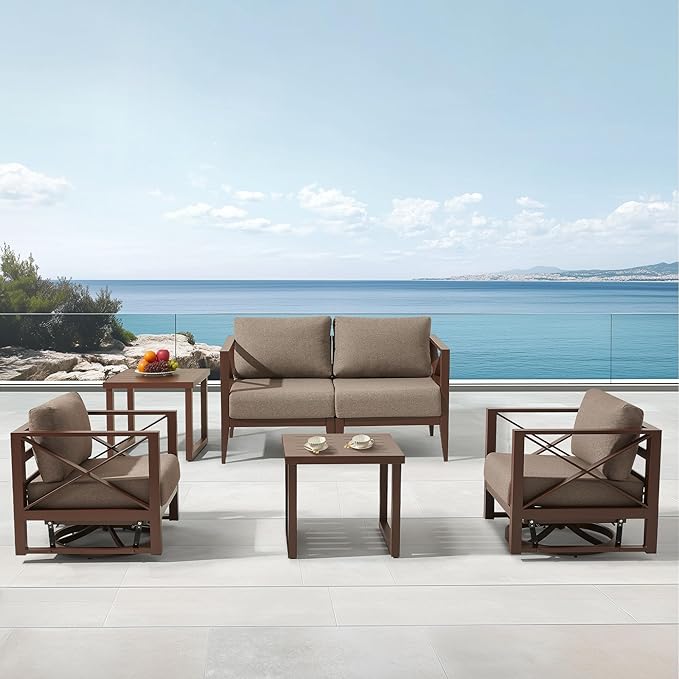 MBY Patio Furniture Set with Swivel Rocking Chairs & Coffee Table – 4-Seat Aluminum Outdoor Conversation Set, Weather-Resistant for Balcony, Poolside, Garden – Brown