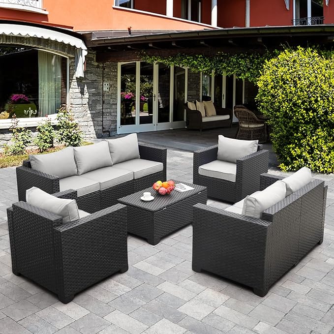 Rattaner 5-Piece Patio Furniture Sofa Set Outdoor Wicker Sectional Couch with Storage Table Non-Slip Cushions Furniture Covers, Grey