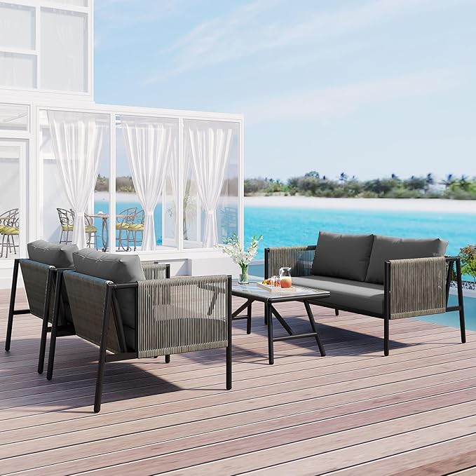 4-Piece Outdoor Furniture Set, Rope Sofa Set with Thick Cushions and Toughened Glass Table Patio Conversation Sets for 4 Person with Loveseat, Gray