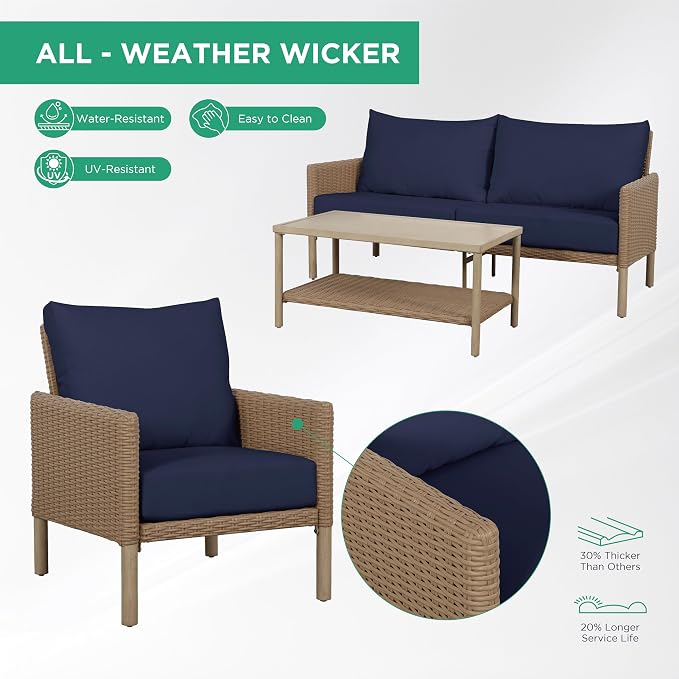 4-Piece Wicker Patio Furniture Set, Outdoor Conversation Set with Coffee Table and Removable Thickened Cushions, Modern Sectional Sofa for Backyard, Garden & Lawn, Blue