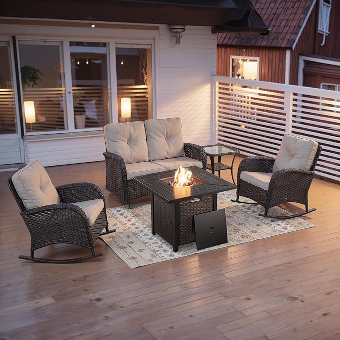 Belord 5 Pieces Patio Furniture Set with 50000 BTU Propane Fire Pit Table, All-Weather Patio Rocking Chairs, Loveseat Glider and Side Table for Outdoor Conversation Deck Backyard Poolside Black