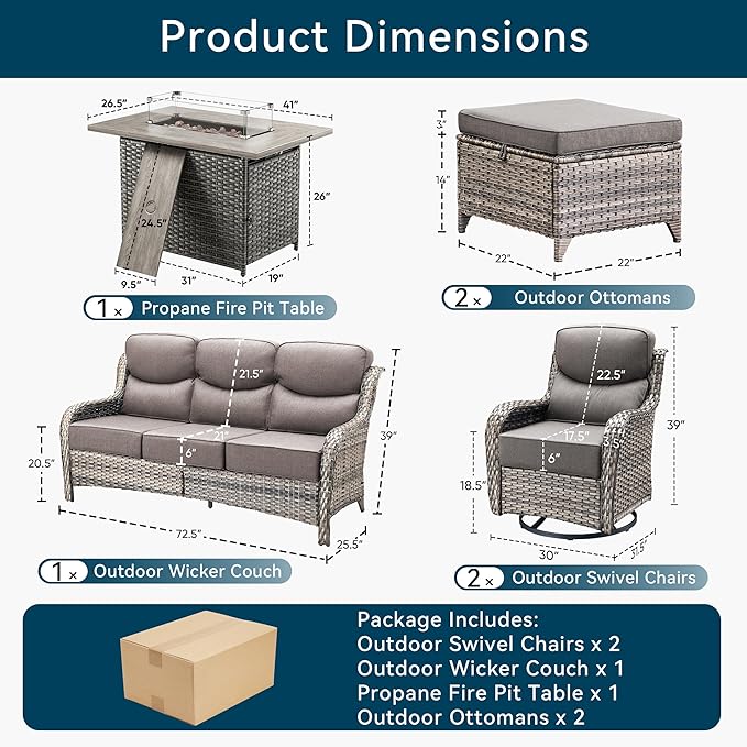 Luxury Patio Furniture Set with Fire Pit Table-6 Pieces All Weather Outdoor Swivel Rocker Chairs with Sofa and Ottomans. Outdoors Patio Conversation Sets for Porch Deck Garden Backyard(Grey/Grey)