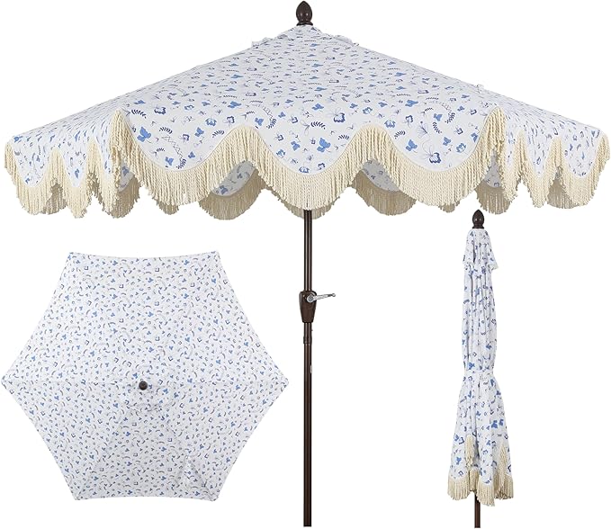 JONATHAN Y UMB1001 Collins 9 ft. Classic Cottage Tassel Market Patio Umbrella with Auto-Tilt, Crank, Wind Vent and UV Protection