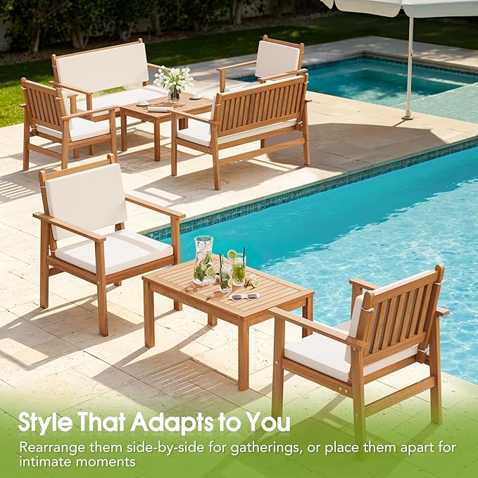 Flamaker 8 Piece Outdoor Furniture Set, Outdoor Table and Chairs with Comfy Cushions, Acacia Wood Patio Furniture for Porch, Patio, Garden, Poolside
