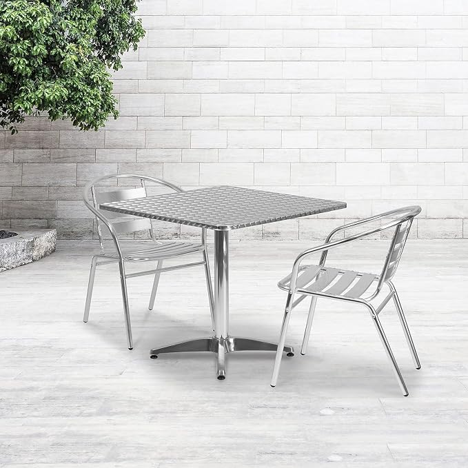 Pemberly Row Square Bistro Table, 31.5 in Aluminum and Steel with Stainless Steel Top, Lightweight Design, Indoor/Outdoor Use, Commercial or Residential Patio Dining Table