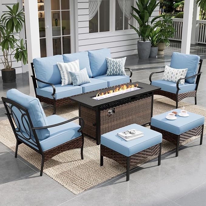 Sophia & William Patio Furniture Set with 56" Fire Pit Table, Metal Outdoor Conversation Set Patio Sectional with 3-Seater Sofas, 2 Fixed Chairs, 2 Ottomans, 1 Firepit Table for Porch Deck, Blue