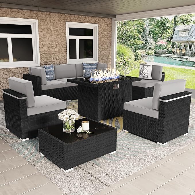 8 Pieces Patio Furniture Set with 44" Propane Gas Fire Pit Table, Outdoor Sectional Wicker Conversation Sofa Sets with Coffee Table