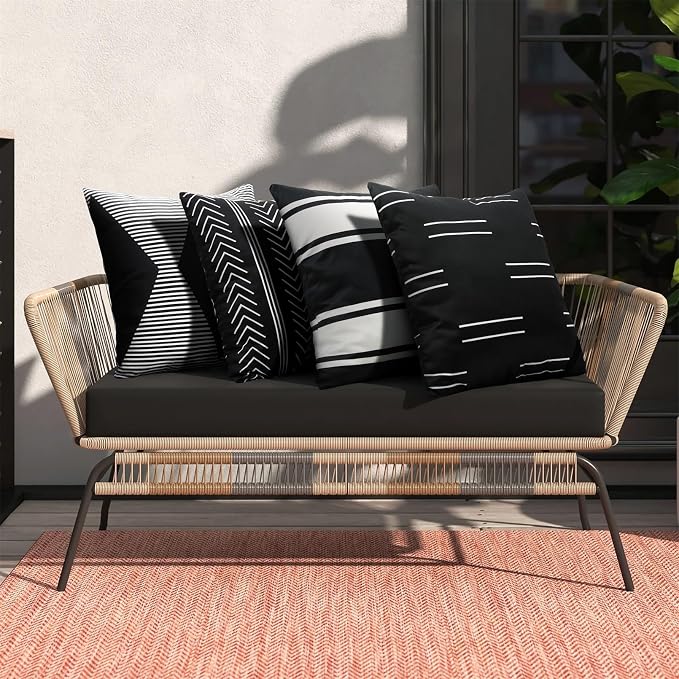 Adabana Set of 4 Outdoor Waterproof Pillow Covers 20x20 Black and White | Modern Geometric Throw Pillows Cover Decorative Boho Pillow Covers for Patio, Garden, Porch