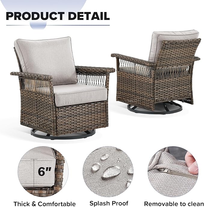 Outdoor Patio Rocking Swivel Chairs - 3PC Wicker Patio Bistro Rocker Chair Set,Rattan Glider Chair with Sturdy Frame,All-Weather PE Wicker and Cushions,1 Side Table for Deck Porch Balcony(Brown/Beige)
