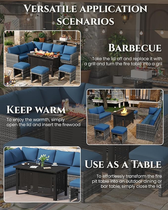 U-MAX 7 Pieces Patio Furniture Set with 43" Fire Pit Table, Outdoor Sectional Sofa Conversation Set, All Weather Wicker Rattan Dining Table & Chair with Ottoman, Grey Rattan&Dark Blue Cushion