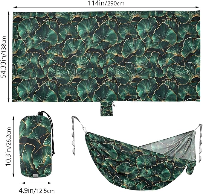 Camping Hammock Outdoor Hammocks for Outside Green Ginkgo Leaves Beach Trees Portable Lightweight with Pockets Tree Straps Indoor