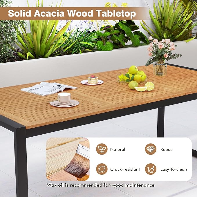 RELAX4LIFE Patio Outdoor Dining Table for 8, 79’’ x 35.5’’ Acacia Wood Rectangular Table w/2’’ Umbrella Hole, Slatted Top & Metal Legs, Indoor Outdoor Picnic Bistro Table, 8-Person Patio Dining Table