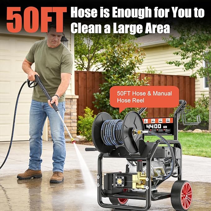 4400PSI Gas Pressure Washer with Hose Reel, One-Button Start 420cc 15HP 4-Cycle Engine, 4.0 GPM Heavy Duty Power Washer with 50FT 3/8" Hose, Spray Gun & Wand, 5 Quick Connect Nozzles