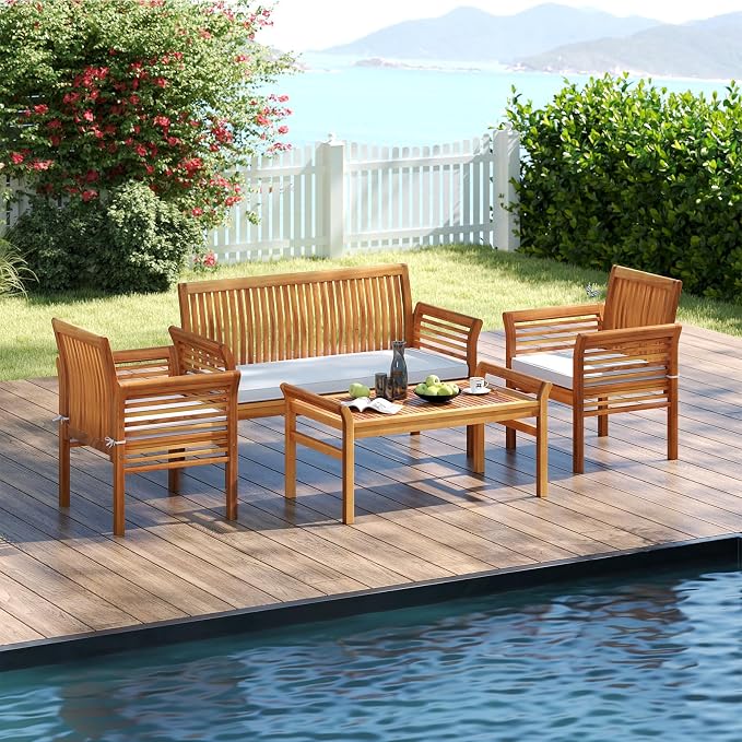 8 Piece Patio Furniture Set, Acacia Wood Sofa Set with Rectangular Coffee Table & Soft Seat Cushions, Outdoor Conversation Set for Garden, Backyard & Poolside