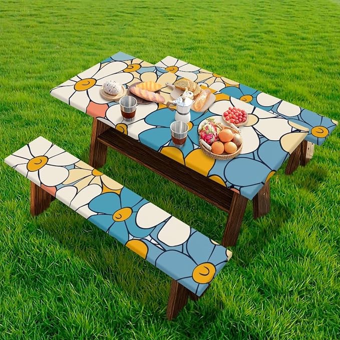 Cute Floral Picnic Table Cover with Bench Covers with Elastic Band Outdoor Camping Tablecloth Water and Oil Repellent Elastic Picnic Table Cover Suitable for Family Gatherings Vacations