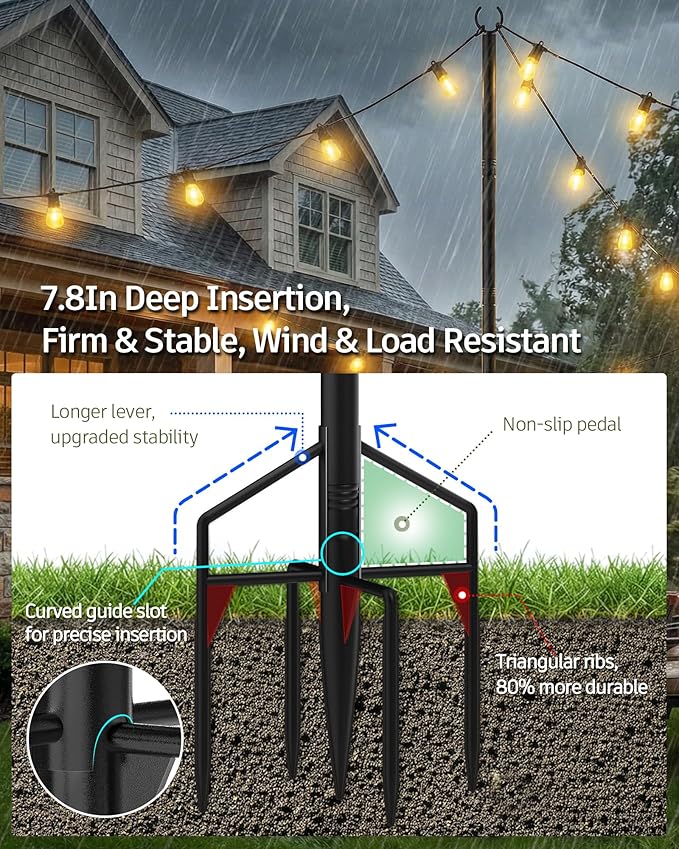 LAND·VOI String Light Poles 2 Pack, Heavy Duty Outdoor Light Poles with Upgraded 5‑Prong Base, Anti‑Bending Stable Design for Backyard Patio Garden Wedding Party Decoration