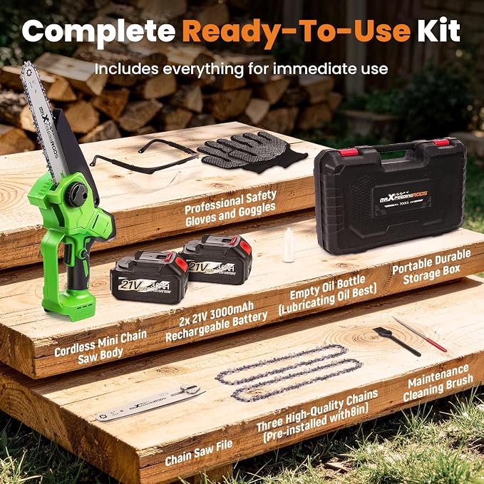 maXpeedingrods Electric Chainsaw Cordless, 8 Inch & 6 Inch Mini Chainsaw with 2x 3.0Ah Batteries, Brushless Auto Oiler & Tool-Free Tensioner, Handheld Portable Chainsaw for Wood Cutting Garden Gift