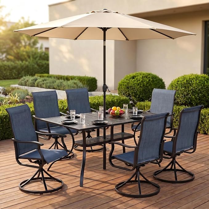 Crownland 7 Piece Furniture Patio Dining Set with Champagne Umbrella, 6 Swivel Metal Chairs and Rectangular Outdoor Dining Table, Outdoor Furniture Dining Set for Lawn, Backyard, Garden(Blue)