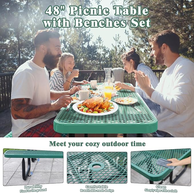 Ceridwen Heavy Duty Picnic Table with 2 Benches, Expanded Metal Steel Mesh Outdoor Patio Dining Table Bench Set with Umbrella Hole,Outdoor Patio Dining Table for Garden (Rectangular, Green, 4FT)