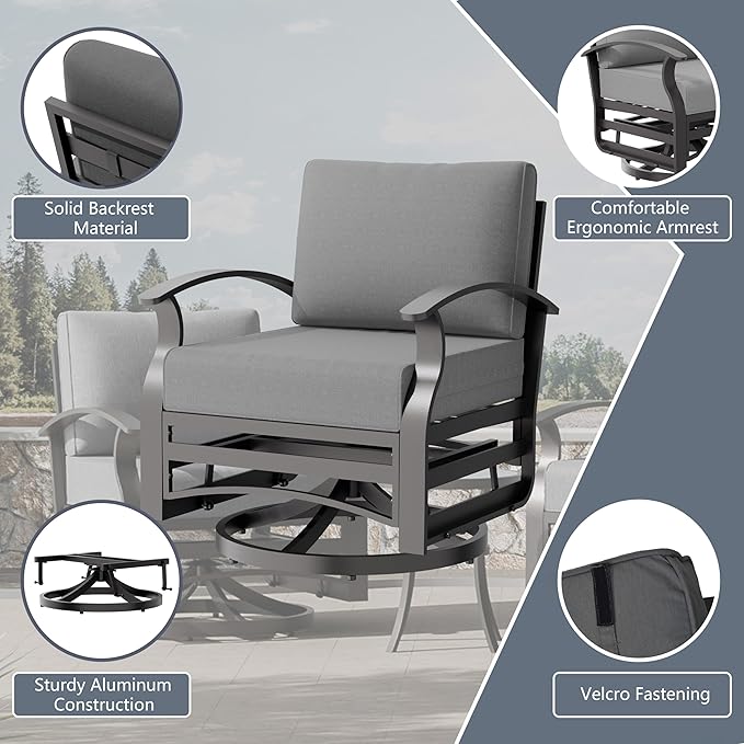 3 Piece Aluminum Swivel Rocking Chair Set, Outdoor Patio Swivel Gliders Chair with Glass Top Coffee Table, Conversation Furniture Set Suitable for Patio, Lawn, Outdoor, Back Garden(Gray)