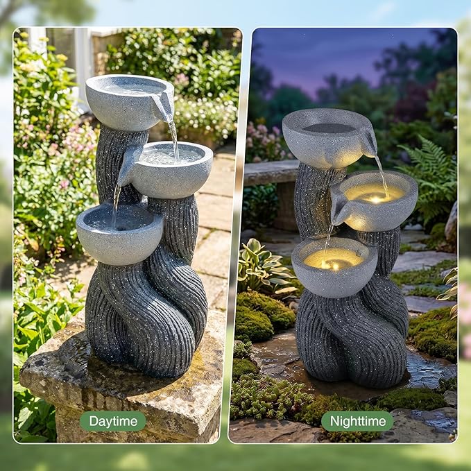 Giantex 3-Tier Outdoor Water Fountain with Lights, 18.5 Inch Cascading Bowls Tabletop Fountain with Pump, Resin Garden Waterfall Feature for Indoor Outdoor Patio, Yard, Porch Decor