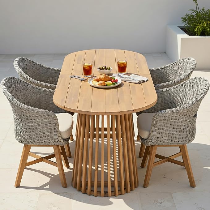 Christopher Knight Home Ambes 5 Piece Acacia Wood Outdoor Dining Set for 4, Patio Dining Table and Chair Set with Curved Rattan Backrest & Cushions, Outdoor Dining Table Set, Beige+Grey Ash+Brown