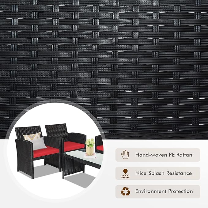 DORTALA 4 Pieces Patio Wicker Conversation Furniture Set, Outdoor Rattan Sofas with Bistro Sets with Coffee Table for Courtyard Balcony Wicker Chairs with Soft Cushion and Table, Red