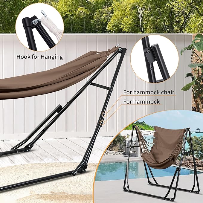 Ainfox Hammock with Foldable Stand, 2 in 1 Hammock and Swinging Chair with Carrying Bag, Portable Camping Chair Suitable for Outside, Swing,Patio,Garden,Camping Trip Coffee