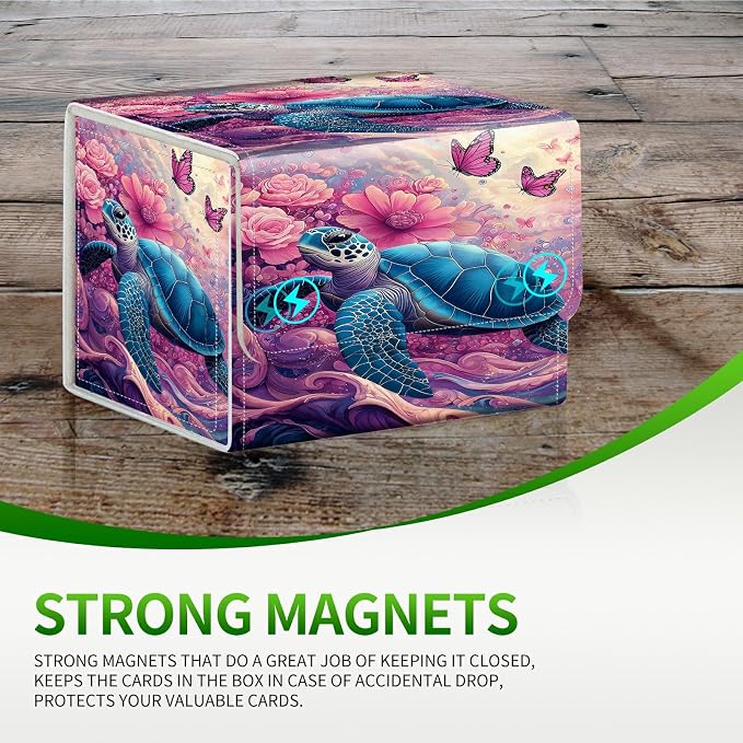 Card Deck Box for MTG, Cards Storage Box Fits 120+ Sleeved, Leather Small Size Strong Magnetic Closing Card Case for Board Games Magic TCG CCG Baseball Collection, Pink Flower Turtle