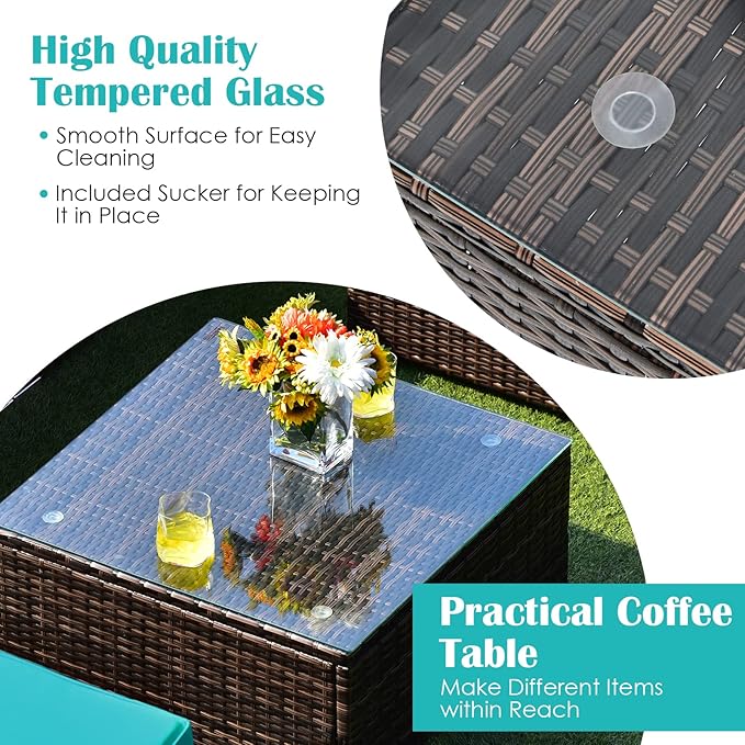RELAX4LIFE 8-Piece Patio Furniture Set - Rattan Wicker Sectional Sofa Set w/Cushions, 32’’ Outdoor Gas Propane Fire Pit Table & Tank Holder, 40000 BTU Heat Output, PVC Cover for Firepit (Turquoise)