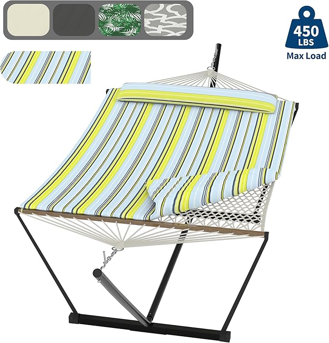 Double Hammock with Stand for Outdoor, Portable Hammock with Soft Pillow, Balance Ropes, for Patio, Garden, Backyard, Beach