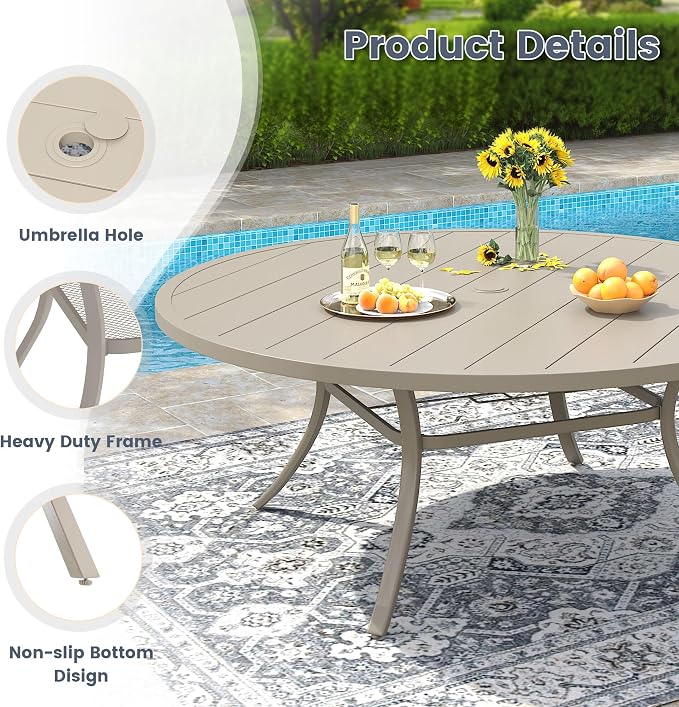 VICLLAX 63" Outdoor Patio Dining Table for 8-10, Metal Round Table with Umbrella Hole for Deck Lawn Garden Backyard, Sandshell
