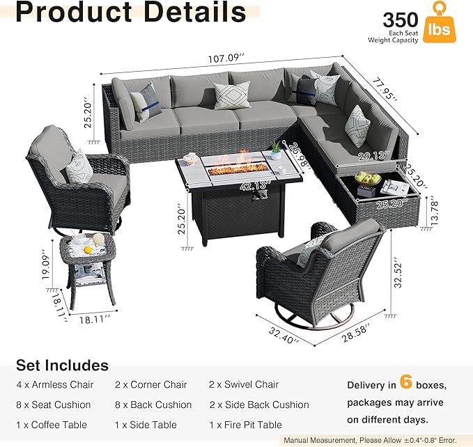 HOOOWOOO Outdoor Patio Furniture with Fire Pit Set 11 Pieces Patio Set with Fire Pit Wicker Outdoor Furniture with Fire Pit Table Set Patio Sectional Set with Swivel Chairs,Dark Gray