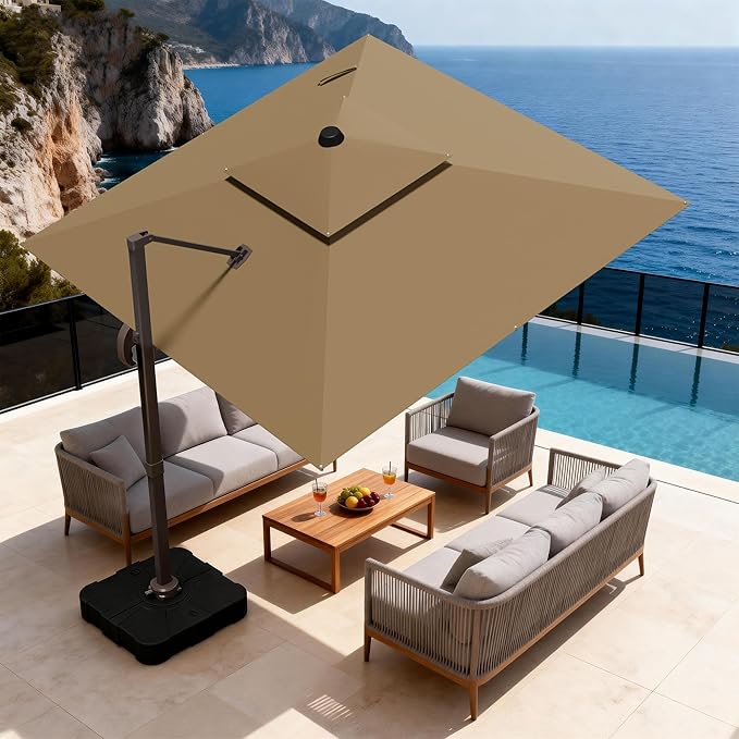 10x10Ft Patio Umbrella Outdoor Cantilever Rectangle Umbrella, 6-Level Tilt & 360° Rotation Offset Umbrella for Garden, Deck, Pool(Brown)