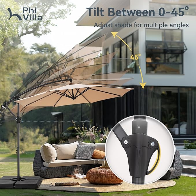 PHI VILLA 10ft Offset Patio Umbrellas with Base Included, Outdoor Market Hanging Umbrella with 8 Ribs for Deck Pool Porch Backyard, Beige