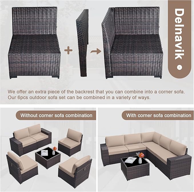 Patio Furniture Set Sofa 6-Pieces Wicker Sectional Sofa Set, Outdoor Furniture Rattan Patio Conversation Set with Thickened Cushion and Glass Coffee Table, Sand