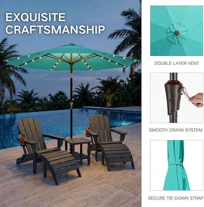 Kingdura 9FT Outdoor Patio Umbrella with Solar Lights, Market Table Umbrella with Push Button Tilt & Crank, 8 Sturdy Ribs, 32 LED Lights, UV Protection for Garden Lawn Deck Backyard Pool (Tiffany blue)