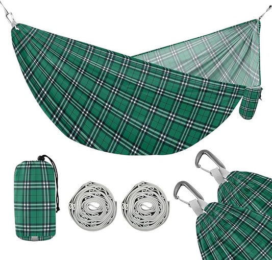 Camping Hammock Outdoor Hammocks for Outside Check Plaid Green 1 Beach Trees Portable Lightweight with Pockets Tree Straps Indoor