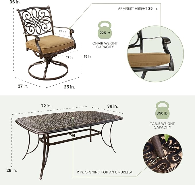 Hanover Traditions 7-Piece Patio Dining Set with 6 Swivel Rocker Chairs, Tan Cushions and Large 38"x72" Dining Table, Outdoor Dining Set for 6, Premium Weather Resistant Patio Furniture