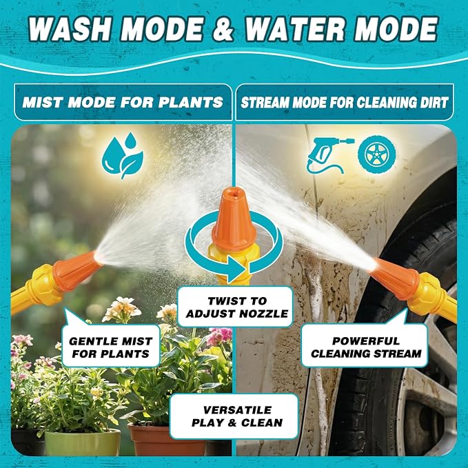 Kids Car Wash Toy Pressure Washer Playset with 1.3L Tank & Manual Pump Spray Gun, Outdoor Summer Water Toys for Toddlers, Portable Cleaning Pretend Play Gift for Boys Girls Ages 3+