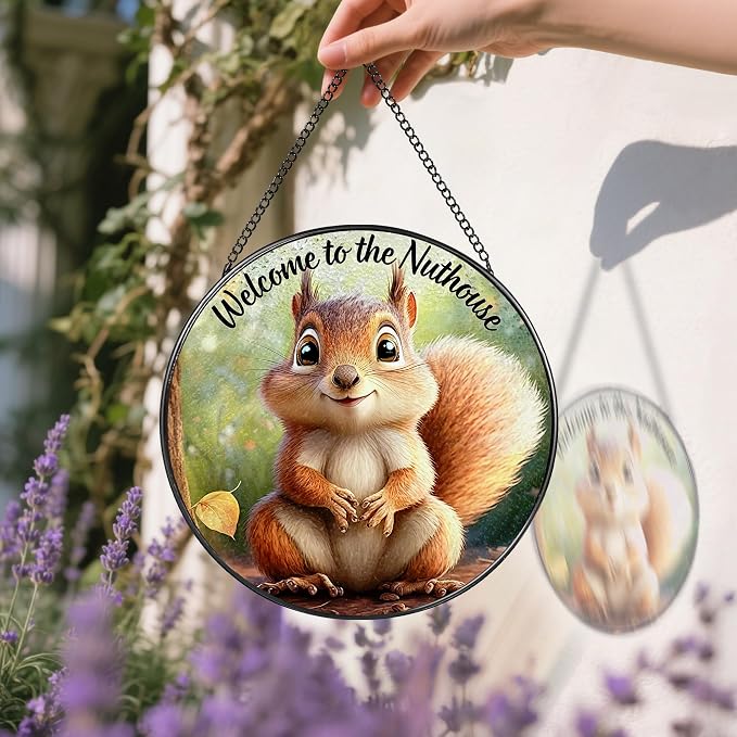Stained Glass Window Hanging 8" Welcome to the Nuthouse Squirrel Sun Catchers, Stained Glass Suncatcher Decor for Christmas, Birthday, Housewarming, Gift for Squirrel Lover Friend Coworker Neighbor