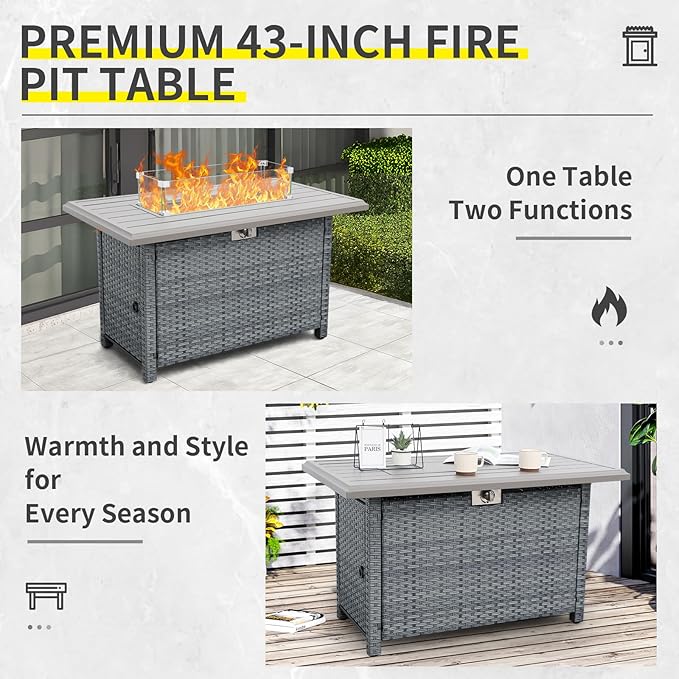 7 Piece Wicker Patio Furniture Sets Outdoor Conversation Set, PE Rattan Sectional Sofa Couch with Fire Pit Table and Non-Slip Grey Cushions, Furniture Covers Included