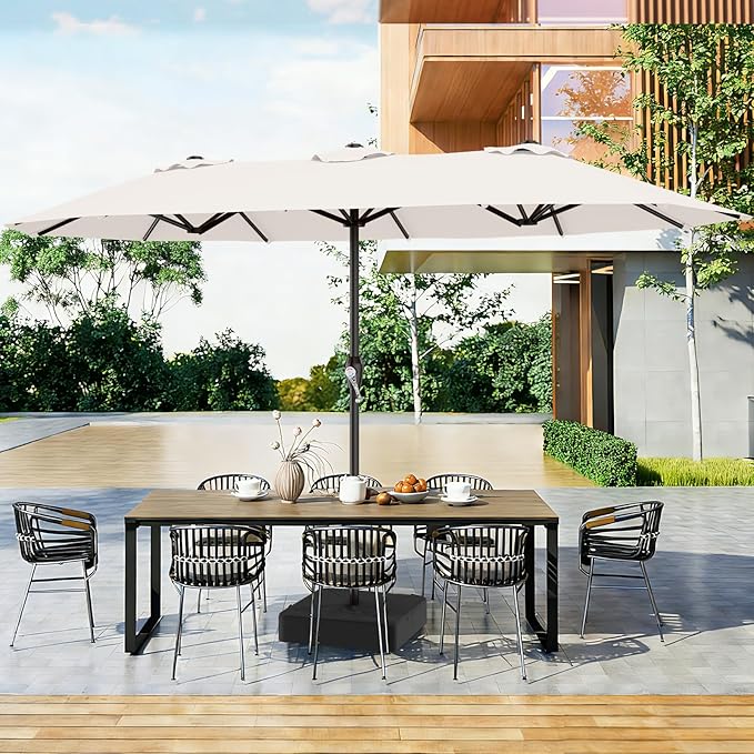AreShark 15FT Outdoor Patio Umbrella with Crank, Large Rectangular Market Umbrella, Double-Sided Outdoor Umbrellas with Cross Base & Sandbag for Porch, Lawn, Pool, Backyard, Cream-White