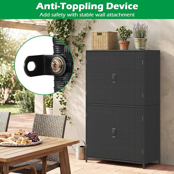 Tangkula Rattan Outdoor Storage Cabinet, Patiojoy Outdoor Cabinet with 2 Adjustable Shelves, 4 Doors, Patio Storage Deck Box Table for Patio Garden Poolside