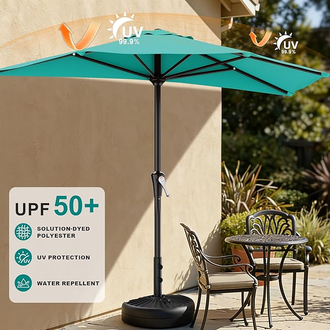 AreShark 9FT Half Patio Umbrella, Outdoor Wall Umbrella with Crank & 5 Sturdy Ribs,Table 1/2 Umbrella Patio for Garden, Deck, Balcony and Pool, Teal Blue