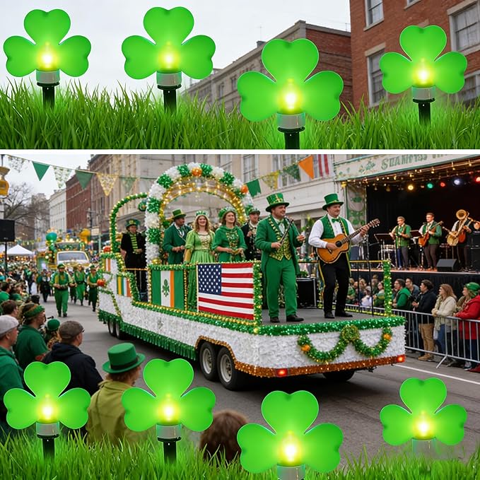 St Patricks Day Decorations Solar Garden Lights Outdoor Waterproof 8 Pack Green Shamrock Three Leaf Lucky Clover Solar Stake Lights 8 Modes for Yard Pathway Party Outside Irish St. Patrick's Day Decor
