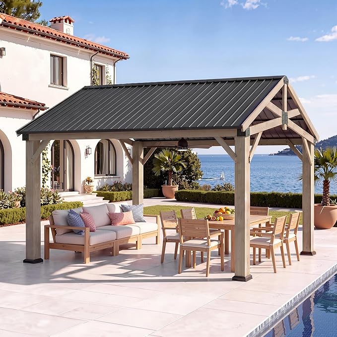 Aoxun 12' x 14' Outdoor Wood Gazebo, Hardtop Gazebo Permanent Wooden Pavilion with Galvanized Steel Gable Roof, for Patio, Garden, Deck, Cedar Wood