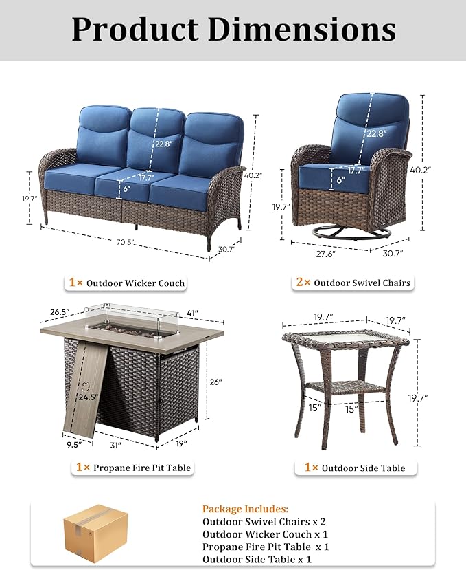 5-Piece Luxury Patio Furniture Set with 6-Inch Thick Cushions, High-Back Outdoor Swivel Rocker Chairs & Wicker 42" Fire Pit, All-Weather Conversation Set for Porch, Deck, Balcony or Backyard – Blue